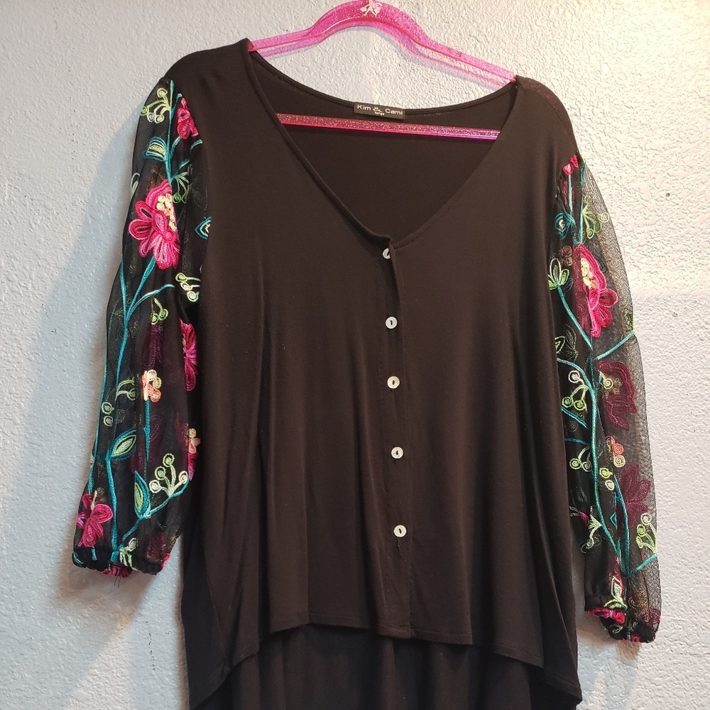 Black top with floral sheer sleeves